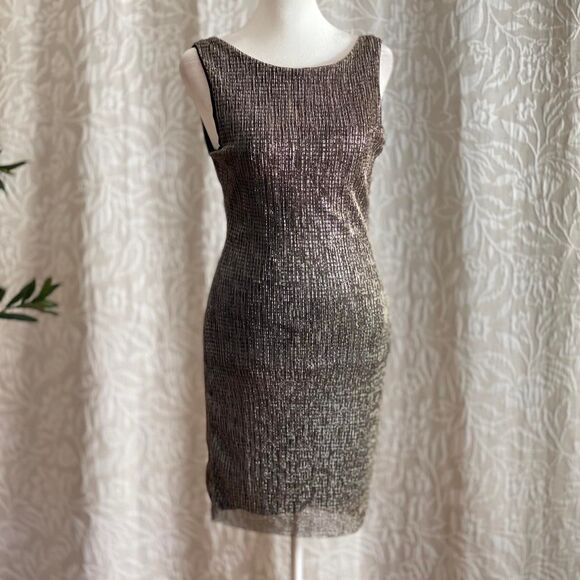 Vintage Y2K ESTAM Glam Silver Metallic Boat Neck Cocktail Bodycon NYE Dress Sz M - Picture 1 of 7